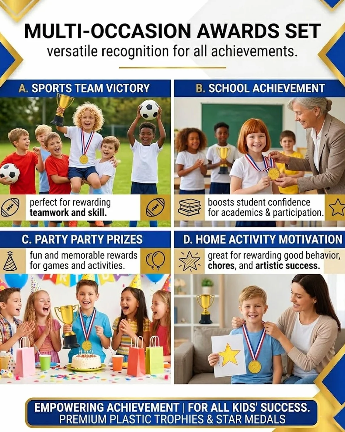 Trofeos infantiles GRETY 6 medallas oro mini trofeos cumpleaños deportivos escolares