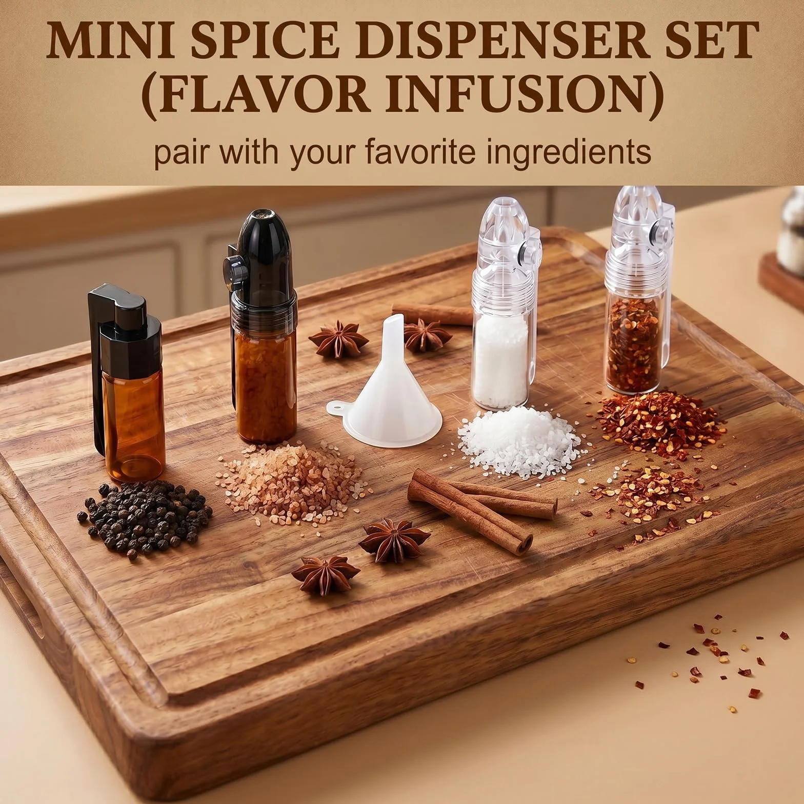 Dosificador de Especias 4 Piezas con Embudo, Botes de Vidrio Portátiles para Polvos (51mm y 68mm), Frascos de Almacenamiento con Cuchara para Viajes y Cocina, Pack de 2 Marrones y 2 Blancos