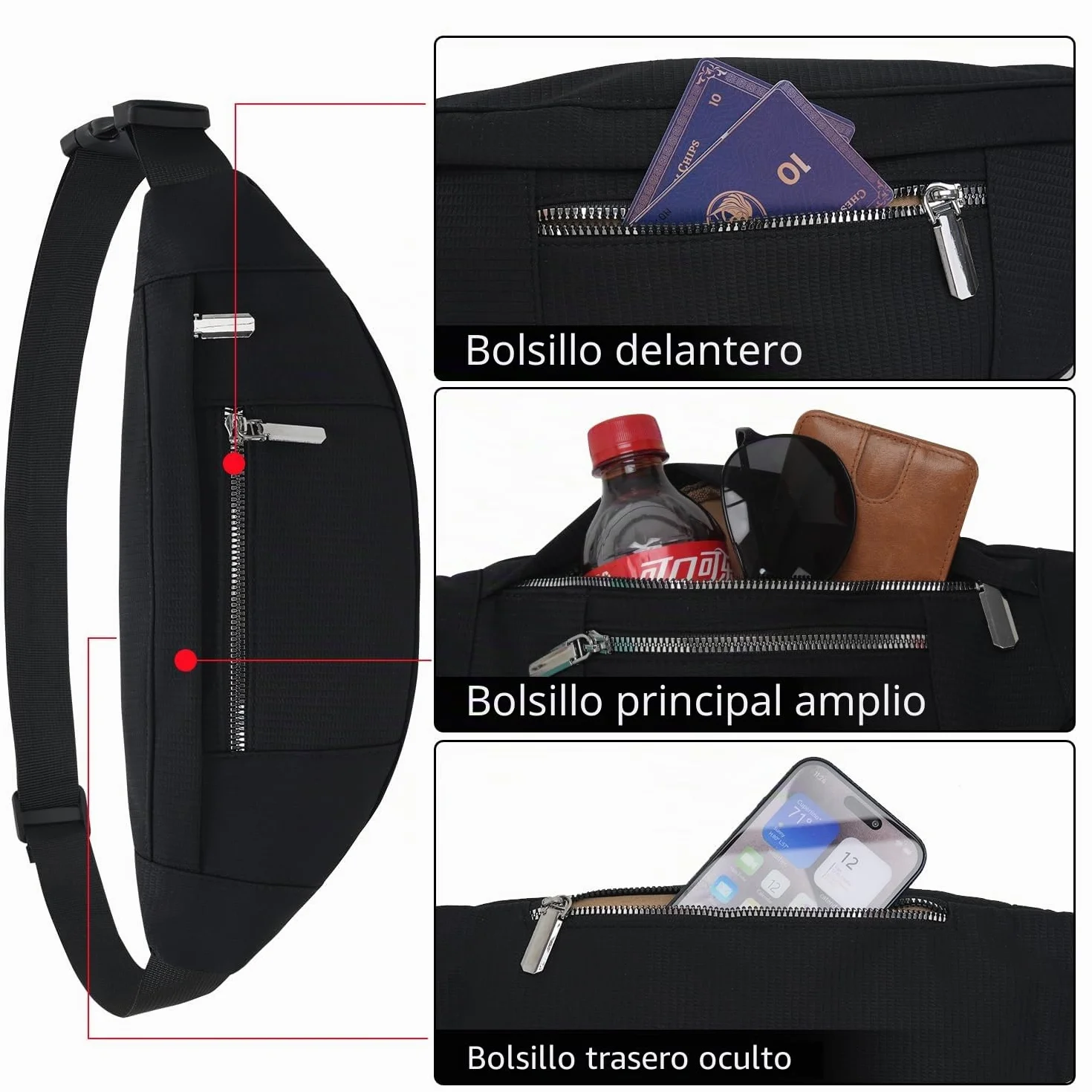 QUKUDS Riñonera Impermeable Mujer Hombre Bolso de Cintura Deportiva con Cinturón Ajustable Negro