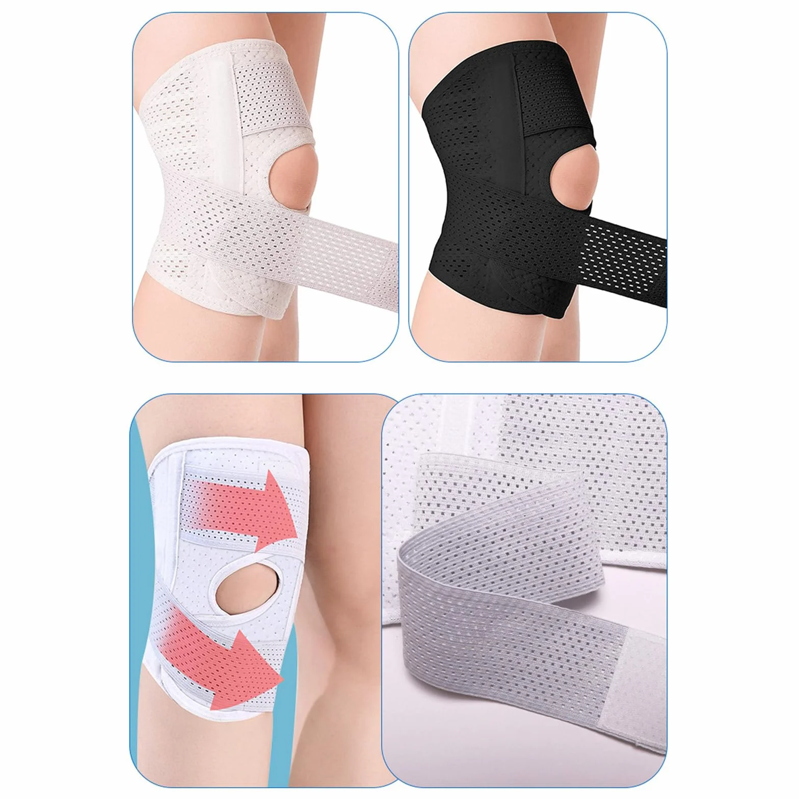 Rodillera ajustable con estabilizadores de resorte, protectores de rótula transpirables para fitness y running