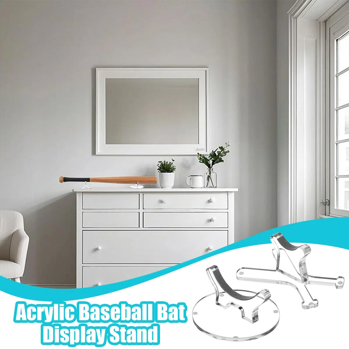 Softball Bat Rack, Baseball Stand, Acrylic Holder, Double Display Shelf Transparent Construction Ideal for Sports Table Decoration, 3.46x3.46x1.77 Inches