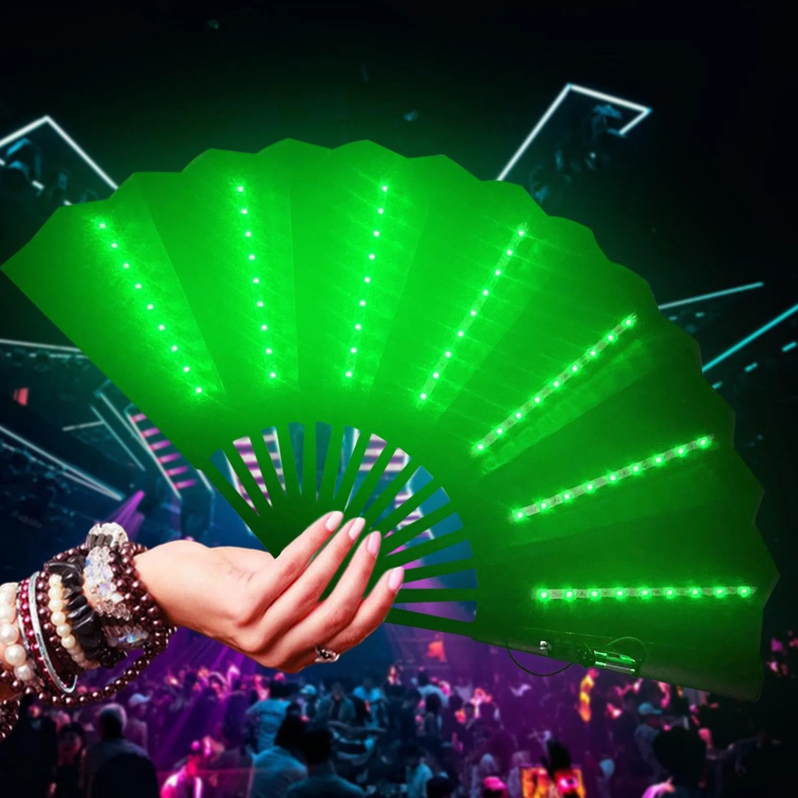 Abanico de mano plegable iluminado para festivales, multiusos de viaje