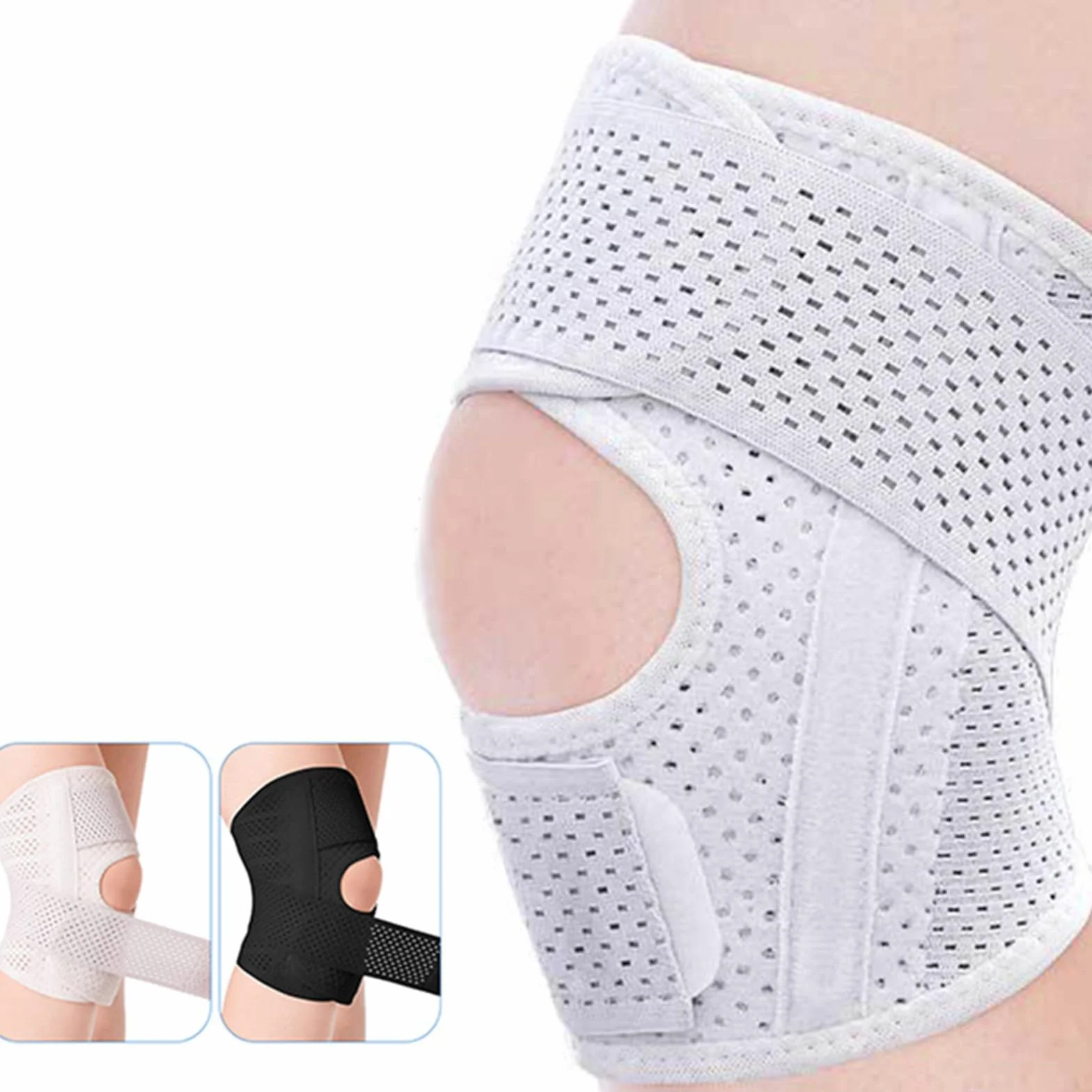 Rodillera ajustable con estabilizadores de resorte, protectores de rótula transpirables para fitness y running
