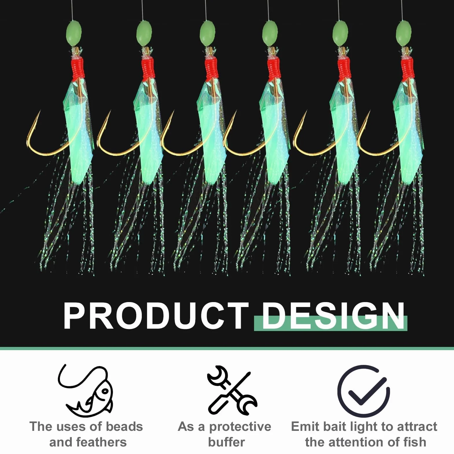 Pack de 6 Aparejos de Pesca para Mar con 36 Anzuelos, Plumas Luminosas, Acero Resistente, Cebo Biónico Imitación Insecto
