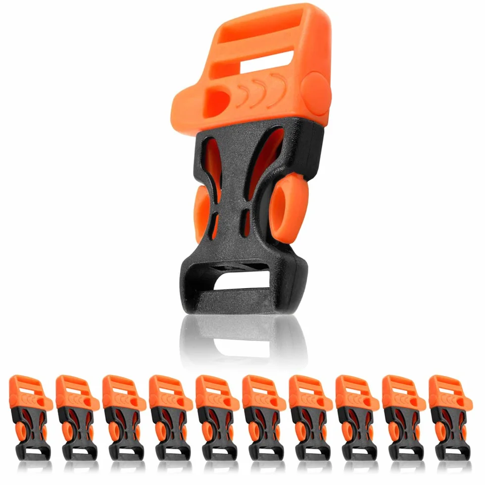 Ganzoo 10 Cierres Tipo Clip 19,05 mm de liberación rápida con Silbato Integrado y eslabón, Conector de plástico para Pulsera de Paracord, Cuerda y cinturón, Medidas 54 x 33 mm, Talla L, Negro Naranja