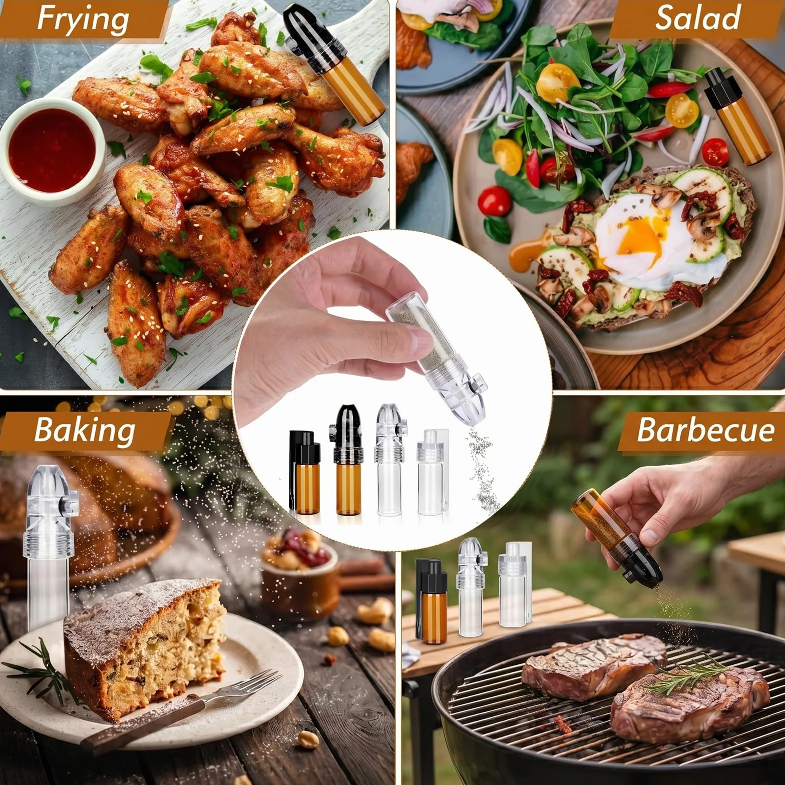 Dosificador de Especias 4 Piezas con Embudo, Botes de Vidrio Portátiles para Polvos (51mm y 68mm), Frascos de Almacenamiento con Cuchara para Viajes y Cocina, Pack de 2 Marrones y 2 Blancos
