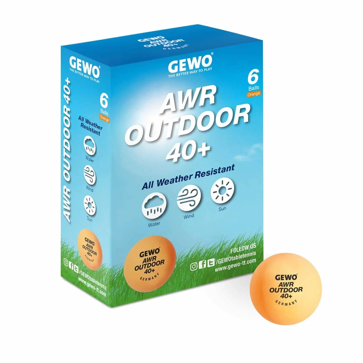GEWO AWR Outdoor 40+ Pelotas de Ping Pong de Mesa para Exteriores, Impermeable, 40mm, 6 Unidades