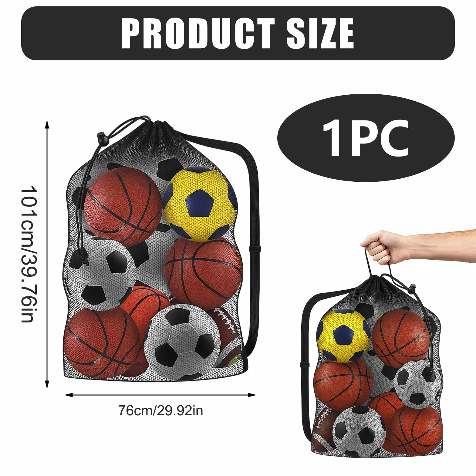 Saco de Malla para Pelotas 75x100 cm con Cordón para 10-15 Bolas Baloncesto Fútbol Voleibol Negro