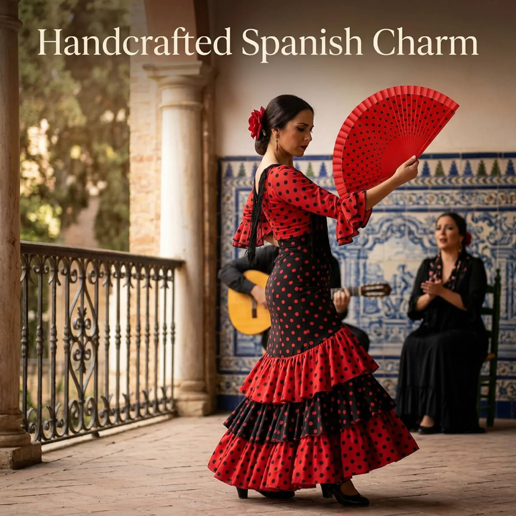 Abanico español pintado a mano lunares rojos algodón mango madera plegable flamenco