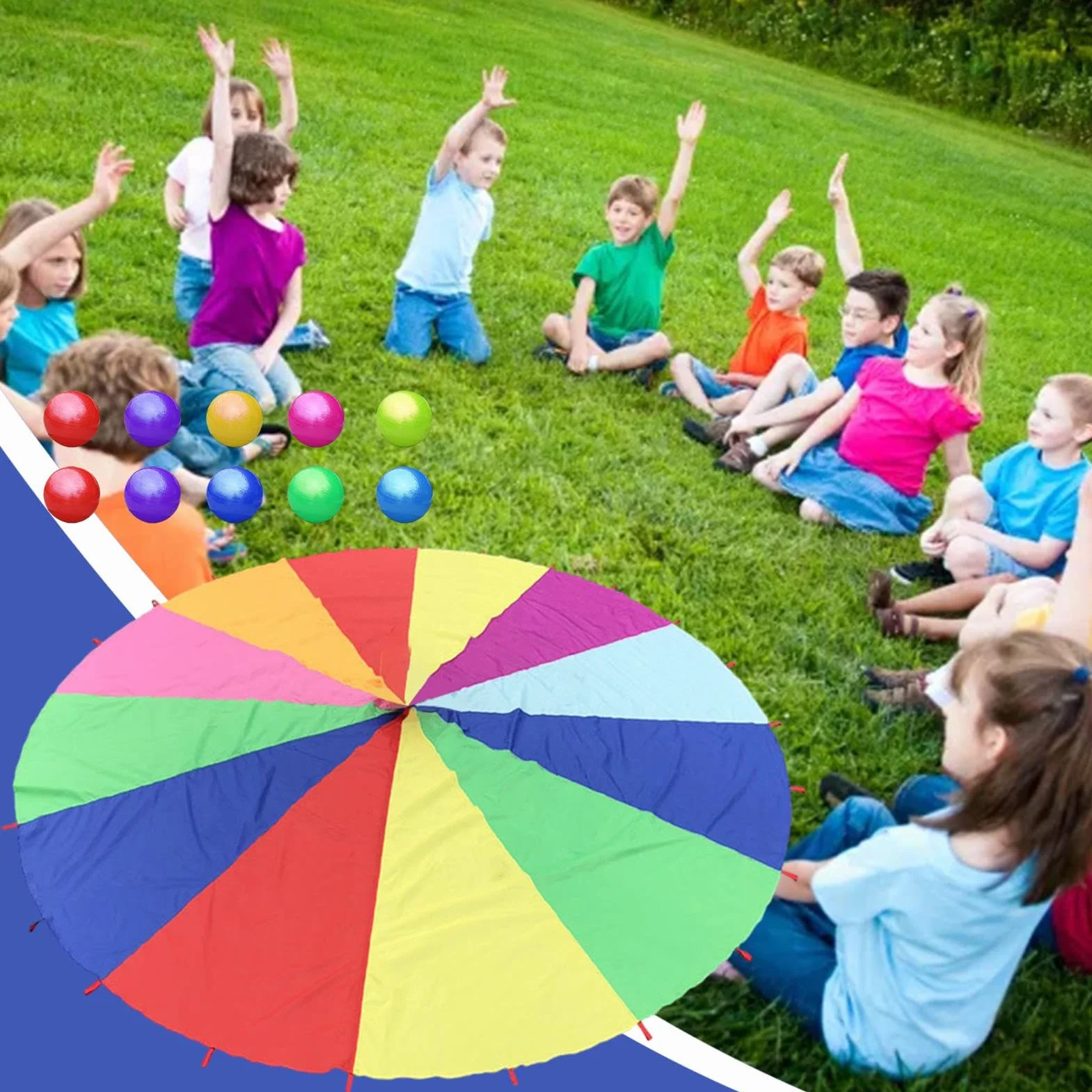 Play Parachute Paracaídas para Niños Multicolor 6 Pies con 10 Pelotas XL 12 Alas