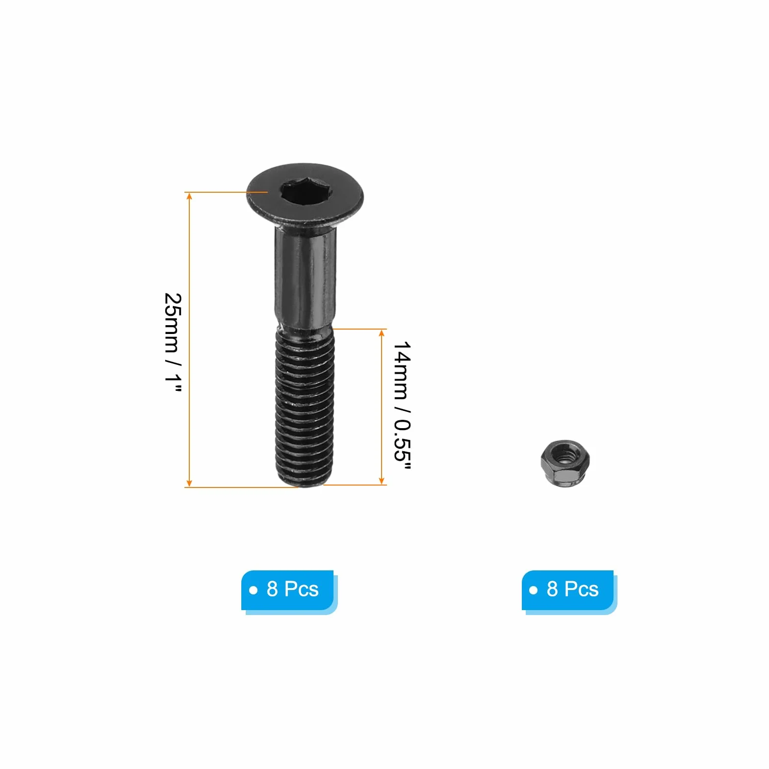 Kit de Hardware para Skateboard PATIKIL 1" 8 Piezas Tornillos Acero Carbono Grado 8.8 Negro
