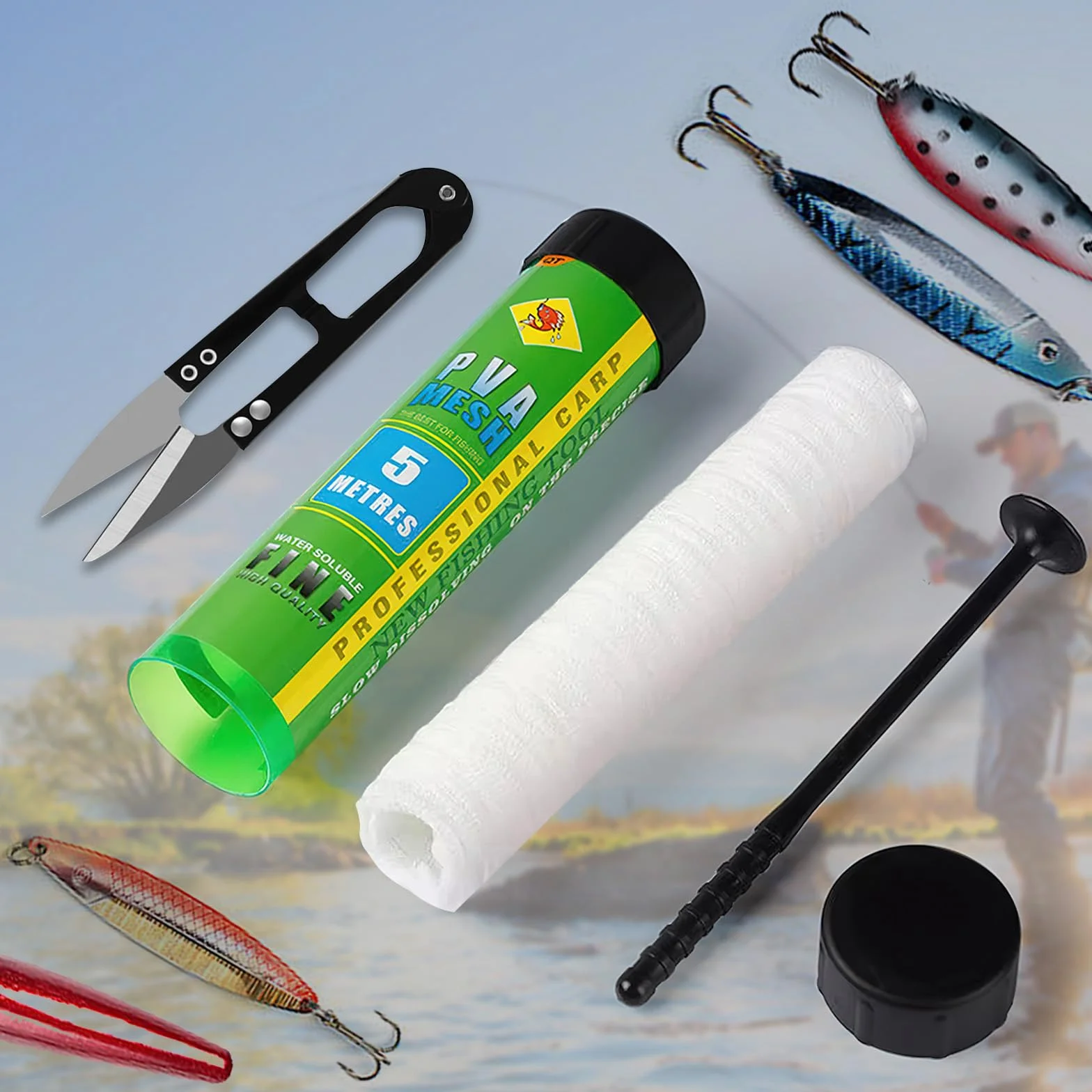 Red de Pesca de PVA de 5 m, 18/25/37 mm, Juego de Malla de Fusión Rápida con Embudo y Pistón