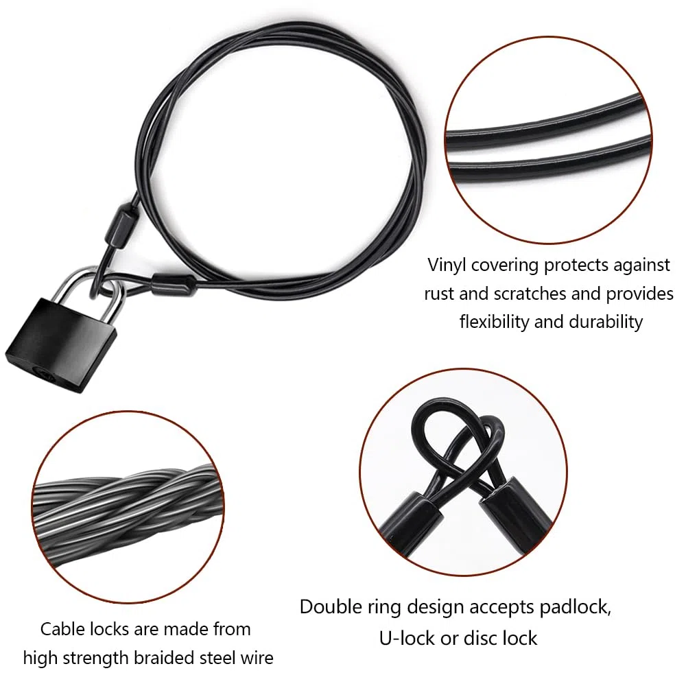 4 piezas Cable de seguridad de acero 1m,Cable Antivol,Cables de bloqueo con revestimiento de PVC,Trenzado con hebilla Cable para equipaje al aire libre Viajes Familia (Negro,Plata)