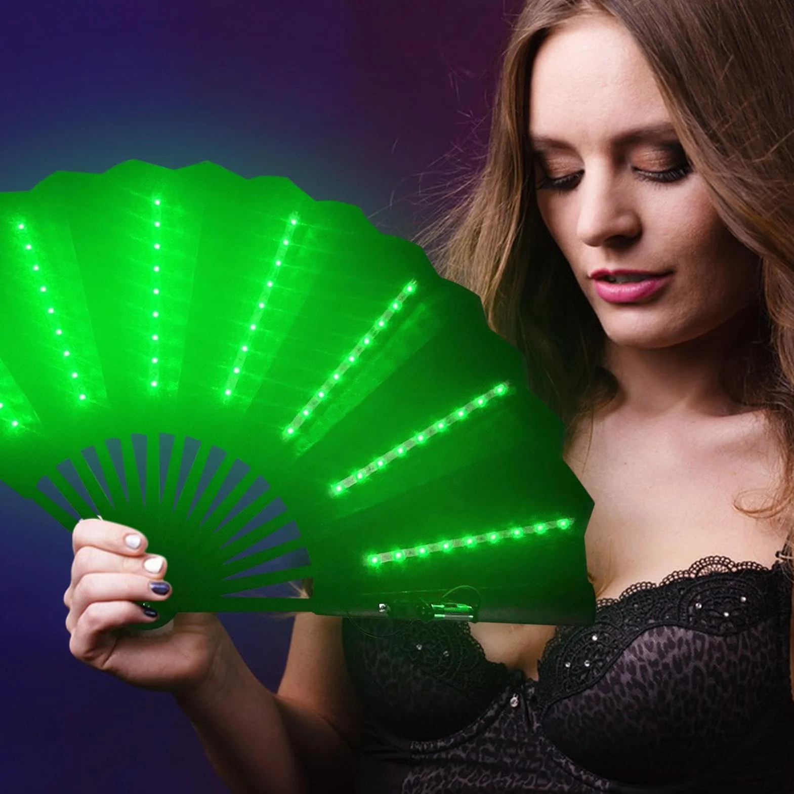 Abanico de mano plegable iluminado para festivales, multiusos de viaje