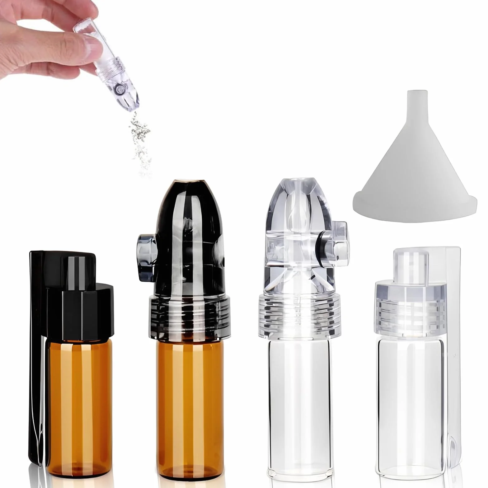Dosificador de Especias 4 Piezas con Embudo, Botes de Vidrio Portátiles para Polvos (51mm y 68mm), Frascos de Almacenamiento con Cuchara para Viajes y Cocina, Pack de 2 Marrones y 2 Blancos