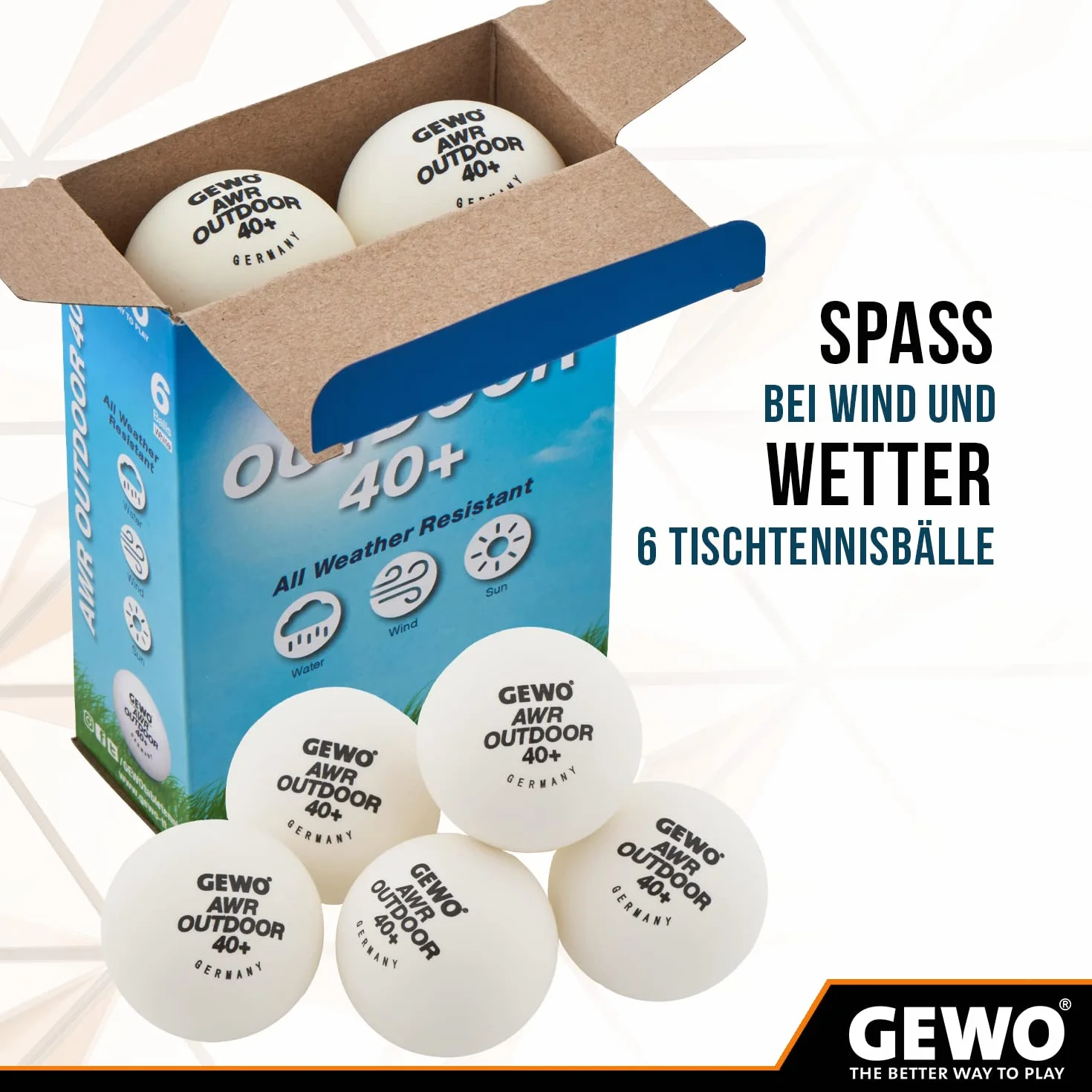 GEWO AWR Outdoor 40+ Pelotas de Ping Pong de Mesa para Exteriores, Impermeable, 40mm, 6 Unidades