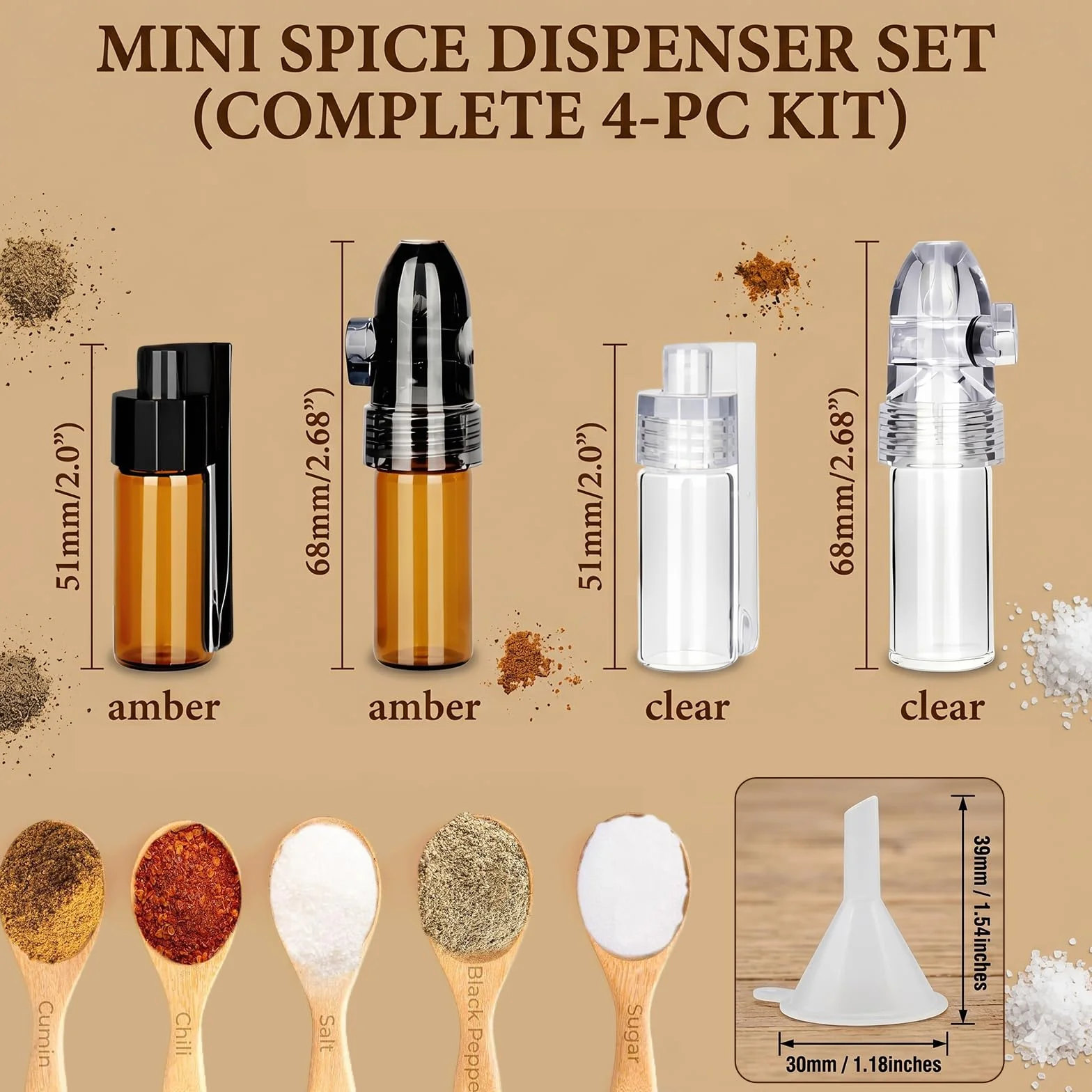 Dosificador de Especias 4 Piezas con Embudo, Botes de Vidrio Portátiles para Polvos (51mm y 68mm), Frascos de Almacenamiento con Cuchara para Viajes y Cocina, Pack de 2 Marrones y 2 Blancos