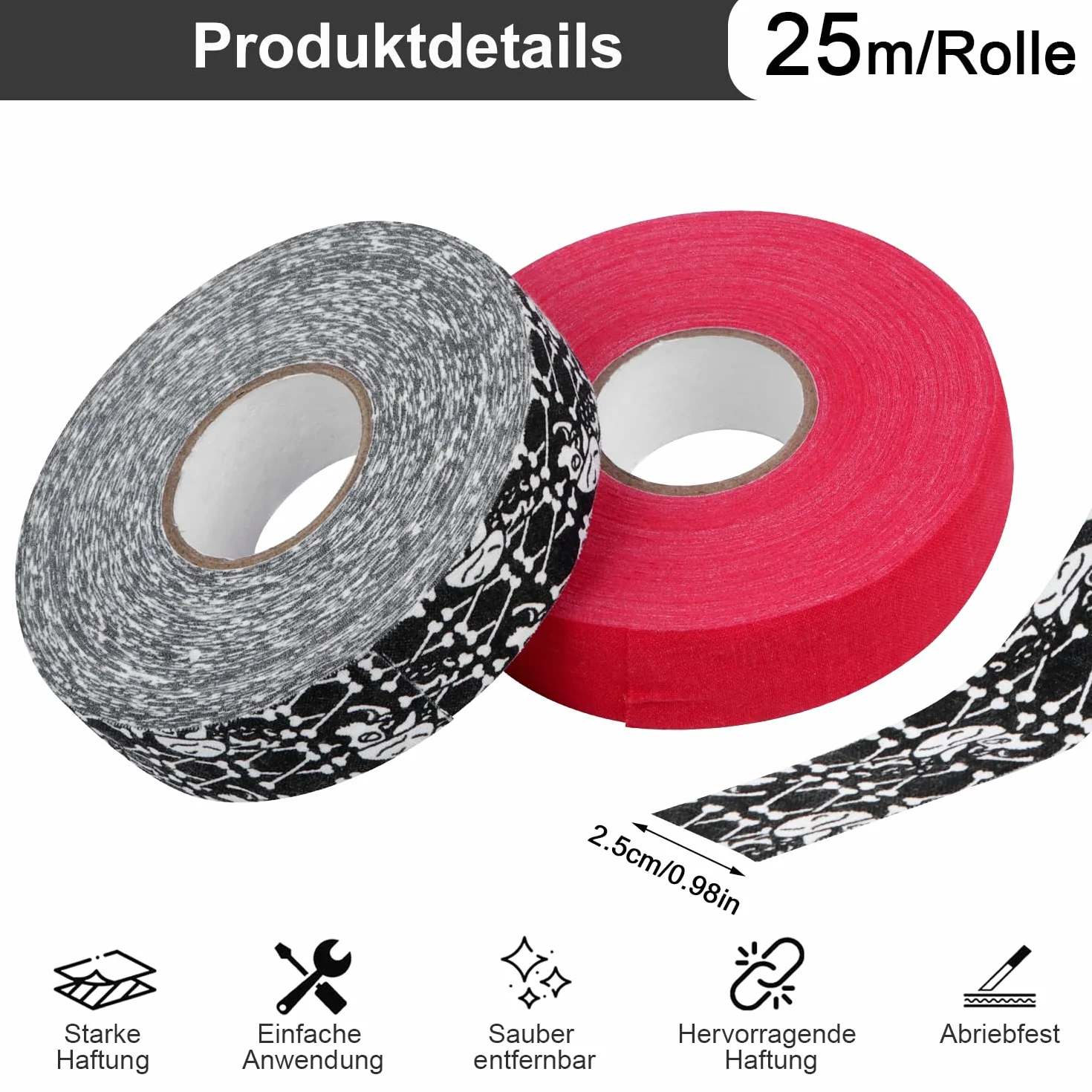 Cinta de Hockey 2 Rollos 2.5cmx25m Antideslizante Agarre Palo Stick