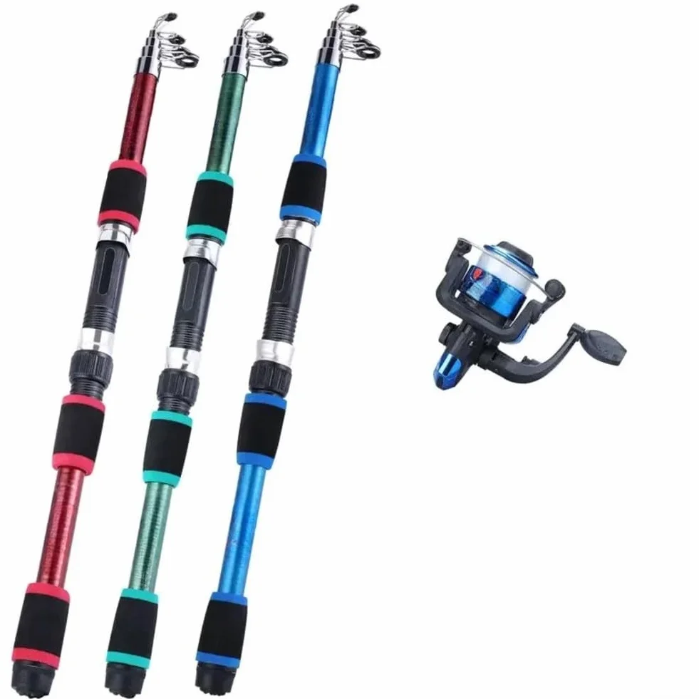 Caña de pescar telescópica y carrete | Caña de pescar portátil de fibra de carbono con carrete | Kit completo con bolsa para gancho de cuerda de jaula de carpa, 1,8 m