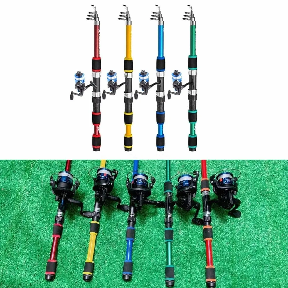 Caña de pescar telescópica y carrete | Caña de pescar portátil de fibra de carbono con carrete | Kit completo con bolsa para gancho de cuerda de jaula de carpa, 1,8 m