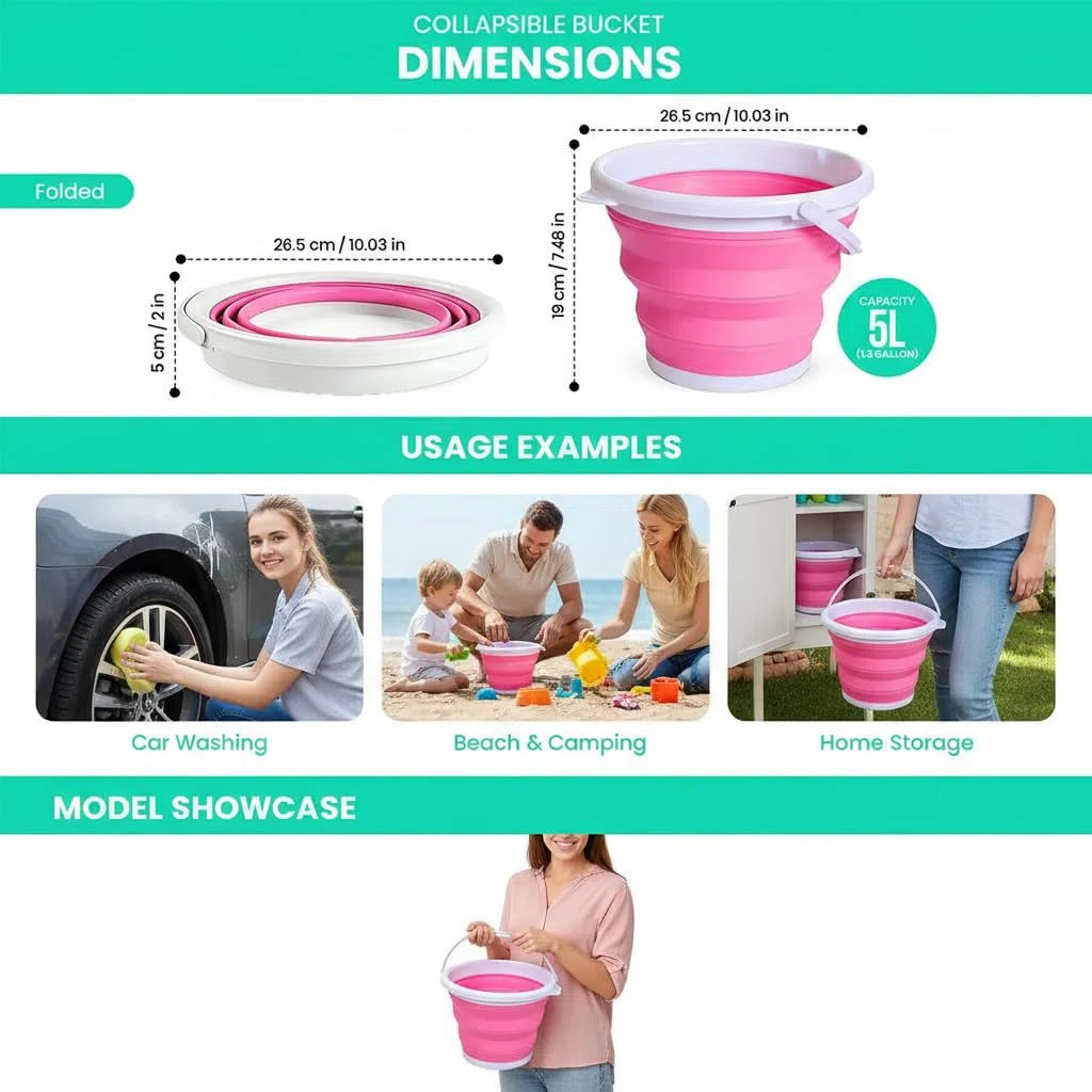 Cubo plegable de 5 litros para limpieza, cubo plegable de silicona que ahorra espacio con asa, esencial para camping o caravana, plegable que ahorra espacio para caravana y artículos esenciales de