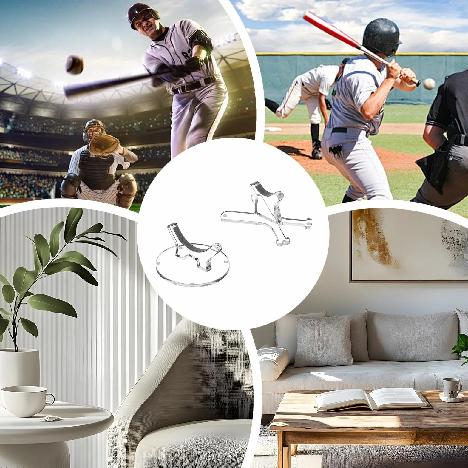 Softball Bat Rack, Baseball Stand, Acrylic Holder, Double Display Shelf Transparent Construction Ideal for Sports Table Decoration, 3.46x3.46x1.77 Inches