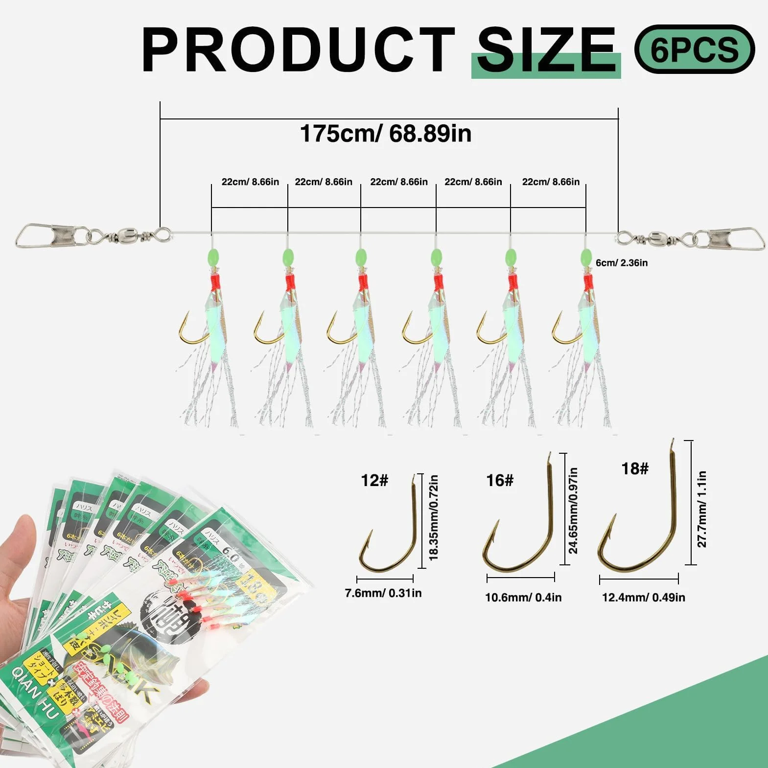 Pack de 6 Aparejos de Pesca para Mar con 36 Anzuelos, Plumas Luminosas, Acero Resistente, Cebo Biónico Imitación Insecto
